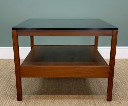MID CENTURY MODERN COFFEE TABLE, afromosia and black laminate top, platform undertier, 59 (h) x 76 x