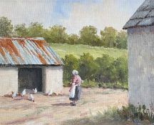 ‡ LIAM REILLY, oil on board - Feeding Chickens, signed, 19 x 24cms Provenance: private collection