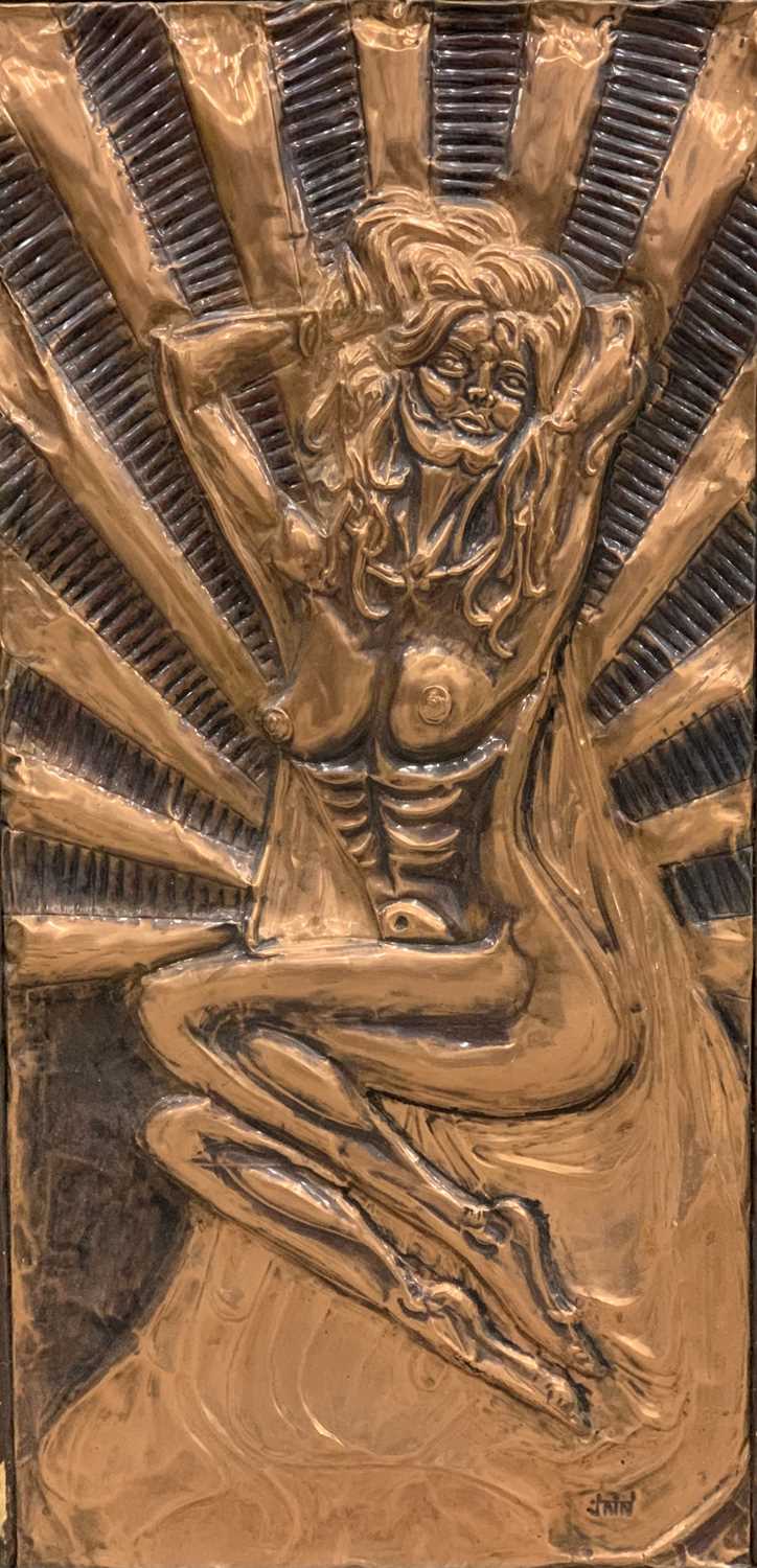 JAIN KOFFLER BA (BRITISH) FIVE REPOUSSE COPPER PANELS, one showing an image of Buddha, 59 x 43cms, - Image 3 of 8