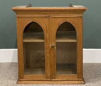 VICTORIAN STRIPPED PINE TWO-DOOR WALL CABINET, panel sided, twin arched glazed doors, interior