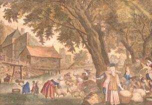UNKNOWN antique colour mezzotint - busy continental sheep shearing scene, no visible title, in a