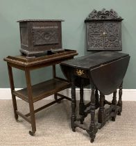 FOUR PIECES OF ANTIQUE & LATER OAK FURNITURE, comprising a two-tier tea trolley, foldover top, 76 (