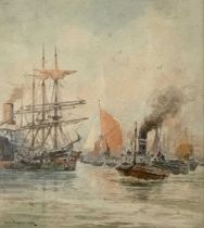 W S TOMKIN watercolour - busy harbour scene showing masted ships, steamers, tugboat and barges,