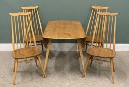 ERCOL LIGHT ELM & BEECH DINING SUITE, comprising, drop leaf dining table on splayed, slightly