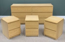 FOUR PIECES OF MODERN LIGHTWOOD BEDROOM FURNITRE comprising a long chest of six drawers, 77.5 (H)
