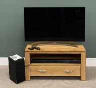 LG 49 INCH SMART TV ON A MODERN OAK ENTERTAINMENT STAND, TV with remote control, sound bar and