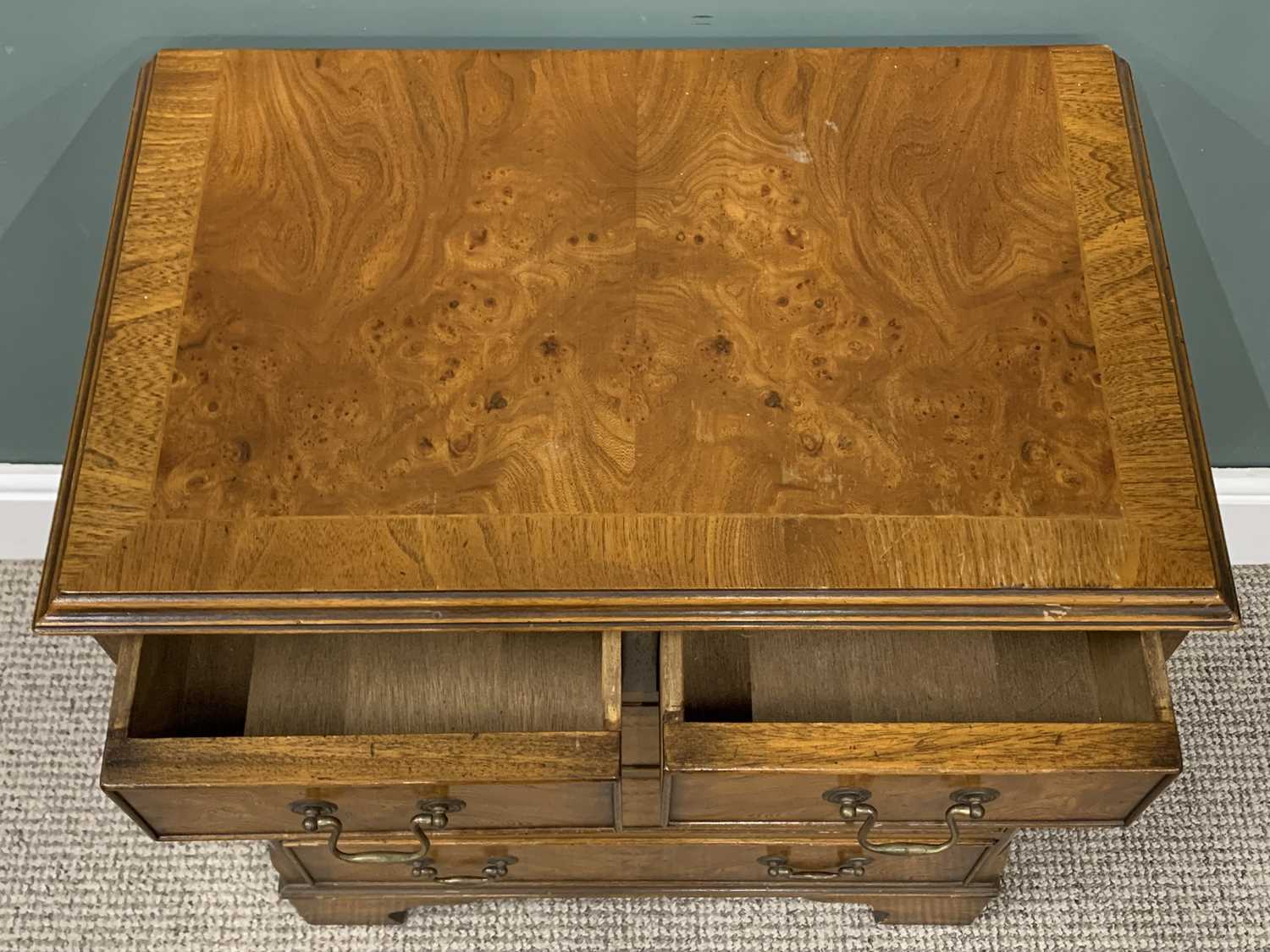 REPRODUCTION BURR WALNUT CHEST, neat proportions, two short, three long drawers, circular brass - Image 2 of 5