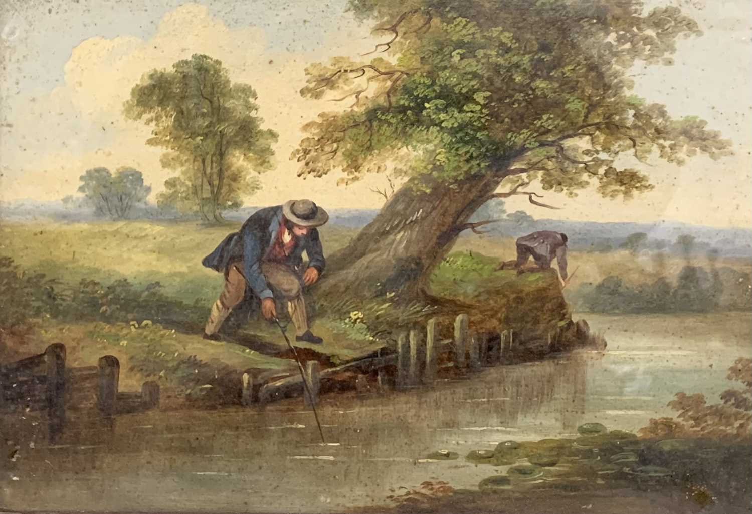 19TH CENTURY PRIMITIVE SCHOOL oil on board - men fishing, unsigned, 20 x 29cms Provenance: private