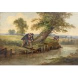 19TH CENTURY PRIMITIVE SCHOOL oil on board - men fishing, unsigned, 20 x 29cms Provenance: private