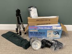 INTERFIT EX150A BOXED HOME STUDIO FLASH KIT AND A CAMERA TRIPOD WITH CANVAS CARRY CASE, E/T