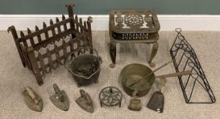 VICTORIAN AND LATER HOUSEHOLD METALWARE to include a wrought iron grate basket, 38.5 (H) x 52 (W)