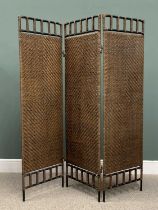 BLACKENED TUBULAR STEEL AND RATTAN THREE-FOLD DRESSING SCREEN, reproduction, 172 (H) x 152cms (