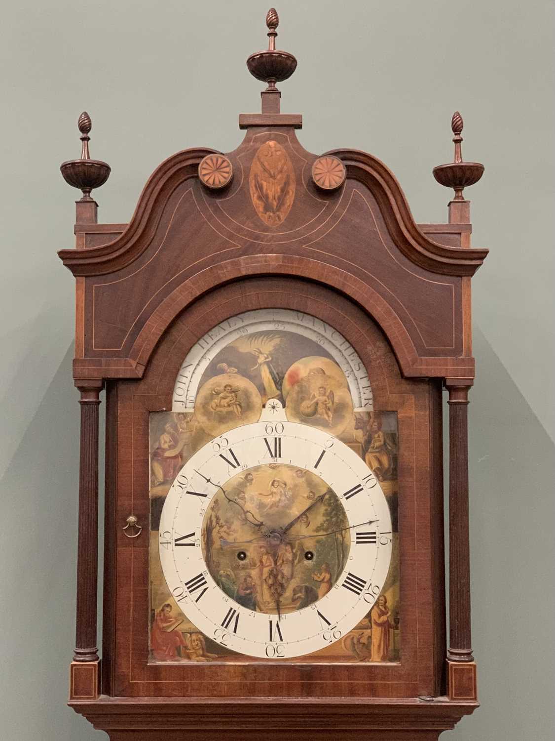 JOHN HEALY OF MANCHESTER VICTORIAN LONGCASE CLOCK inlaid mahogany, colourful arched top moon-phase