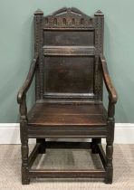 PEG-JOINED ANTIQUE OAK ARMCHAIR, circa 1780, arched carved detail to the shaped crest rail, swept