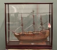 HMS VICTORY CASED MODEL GALLEON WITH PLAQUE, 20th Century fully rigged 104 gun first-rate ship of