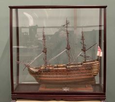 HMS VICTORY CASED MODEL GALLEON WITH PLAQUE, 20th Century fully rigged 104 gun first-rate ship of