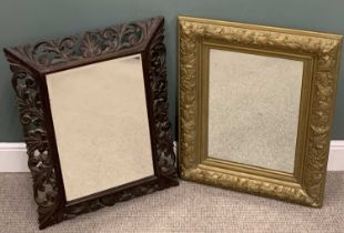 TWO VINTAGE WALL MIRRORS comprising, angled fret-carved oak example, bevel edged glass, 85 x