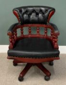 REPRODUCTION MAHOGANY & BLACK LEATHER EFFECT CAPTAIN'S ARMCHAIR, button-back upholstered, curved