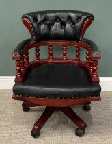 REPRODUCTION MAHOGANY & BLACK LEATHER EFFECT CAPTAIN'S ARMCHAIR, button-back upholstered, curved