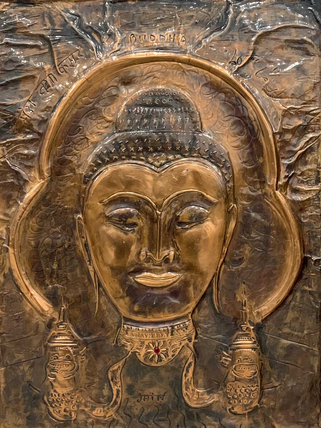 JAIN KOFFLER BA (BRITISH) FIVE REPOUSSE COPPER PANELS, one showing an image of Buddha, 59 x 43cms, - Image 6 of 8