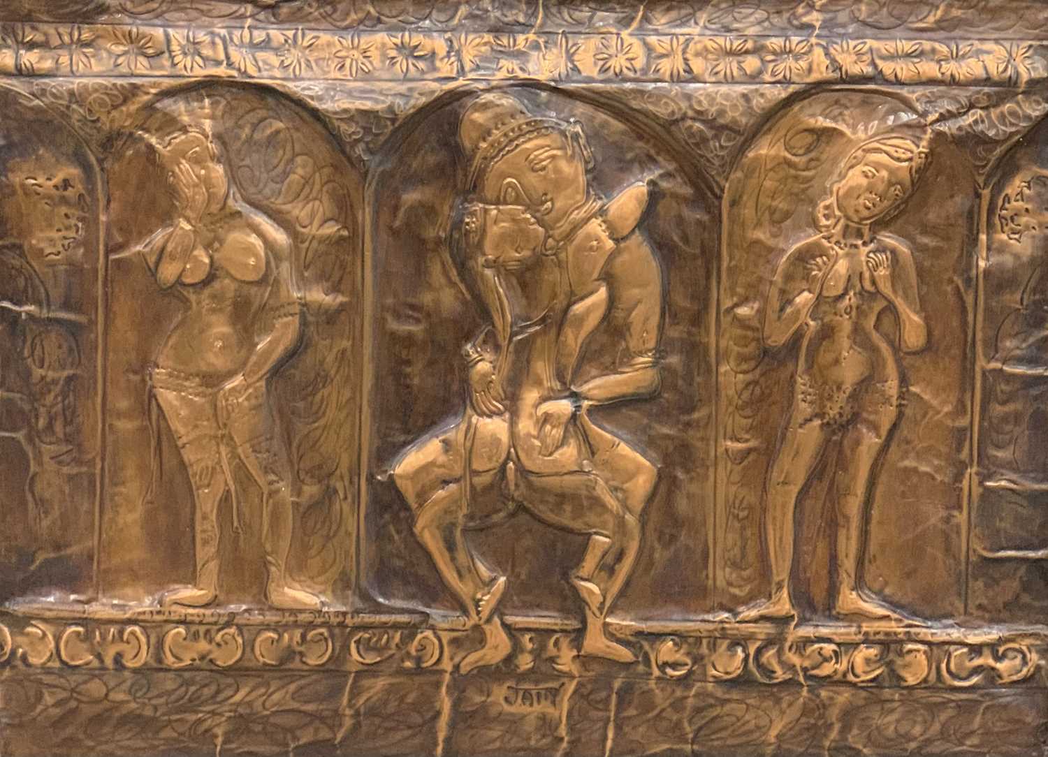 JAIN KOFFLER BA (BRITISH) FIVE REPOUSSE COPPER PANELS, one showing an image of Buddha, 59 x 43cms, - Image 5 of 8