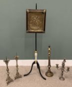 REPOUSSE BRASS PANEL POLE SCREEN & A SELECTION OF VINTAGE LIGHTING, comprising, pair of silver-