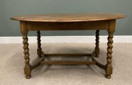 VINTAGE OAK OVAL TOP DINING TABLE barley twist supports, bowed end double cross stretcher, 76 (H)