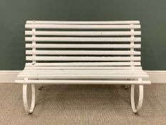 PAINTED SLATTED WOOD AND WROUGHT IRON GARDEN BENCH, 84 (H) x 128 (W) x 72cms maximum depth