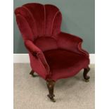 VICTORIAN WALNUT & UPHOLSTERED SHELL BACK SALON ARMCHAIR carved front supports, knurled feet,