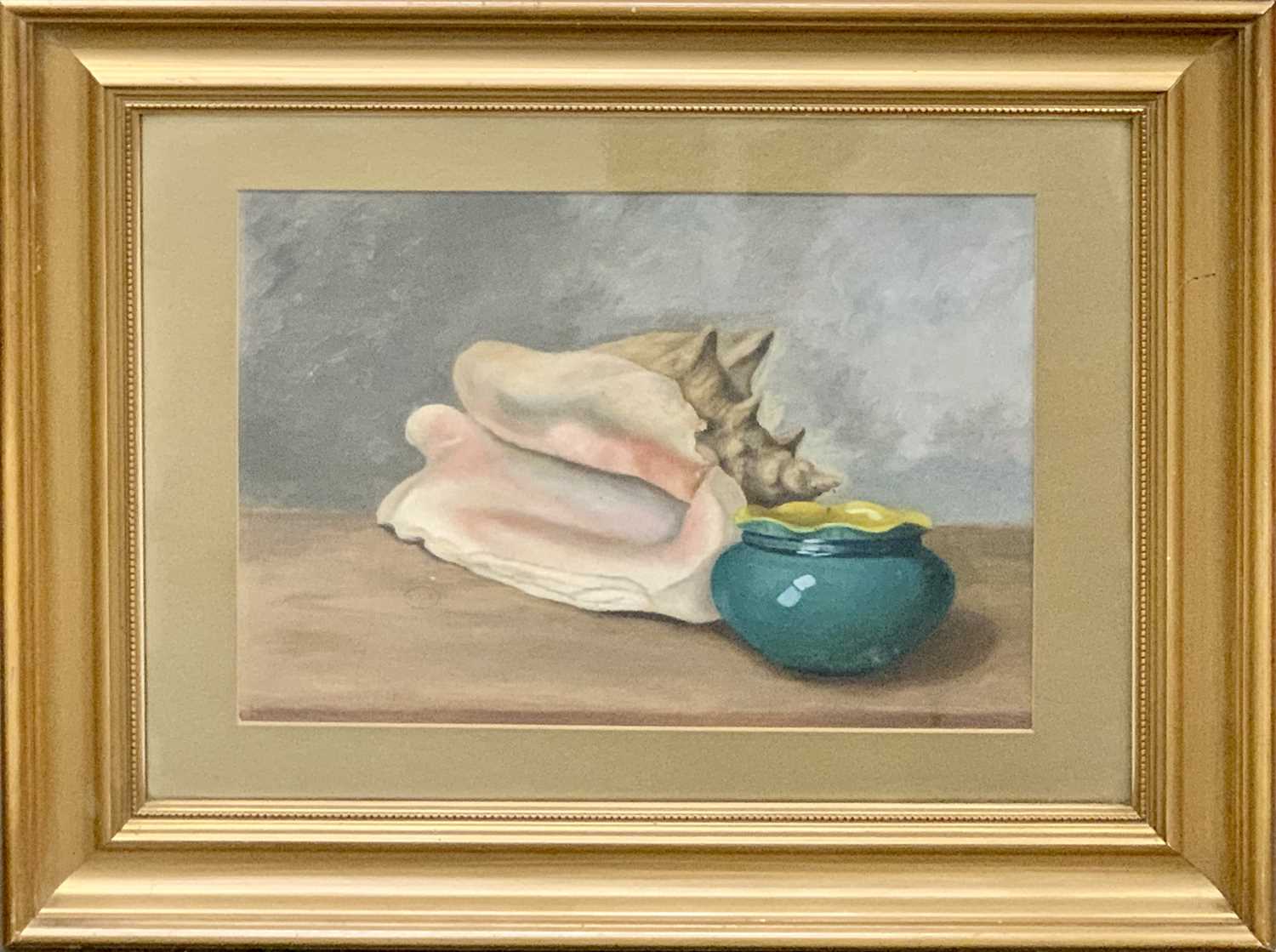 UNATTRIBUTED oil on board - early 20th Century still life study of a large conch shell and a bowl, - Image 2 of 3