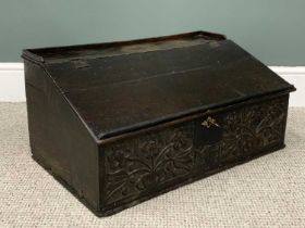 LATE 18TH CENTURY OAK BIBLE BOX iron hinges and lock, opening sloped fall, three interior drawers,