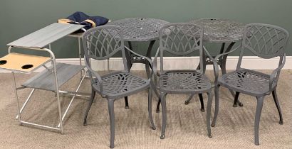 GARDEN/PICNIC FURNITURE comprising two circular top tables, 72 (H) x 75cms top diam, three arm