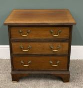 SMALL VINTAGE MAHOGANY CHEST OF THREE LONG DRAWERS oak lined, circular brass pommels, swan-neck