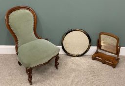 VICTORIAN MAHOGANY SPOONBACK SALON CHAIR & TWO VINTAGE MIRRORS comprising, black chinoiserie-type