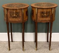 PAIR OF REPRODUCTION ITALIAN INLAID SIDE TABLES three bow-front central opening drawers, gilt