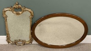 TWO VINTAGE & REPRODUCTION WALL MIRRORS, comprising a circa 1900 inlaid mahogany oval wall mirror,