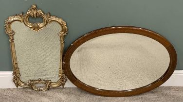 TWO VINTAGE & REPRODUCTION WALL MIRRORS, comprising a circa 1900 inlaid mahogany oval wall mirror,