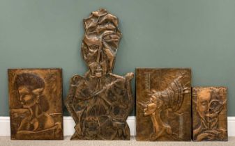 JAIN KOFFLER BA (BRITISH) FOUR REPOUSSE COPPER PANELS, the first titled 'African Hair Lady', 59 x