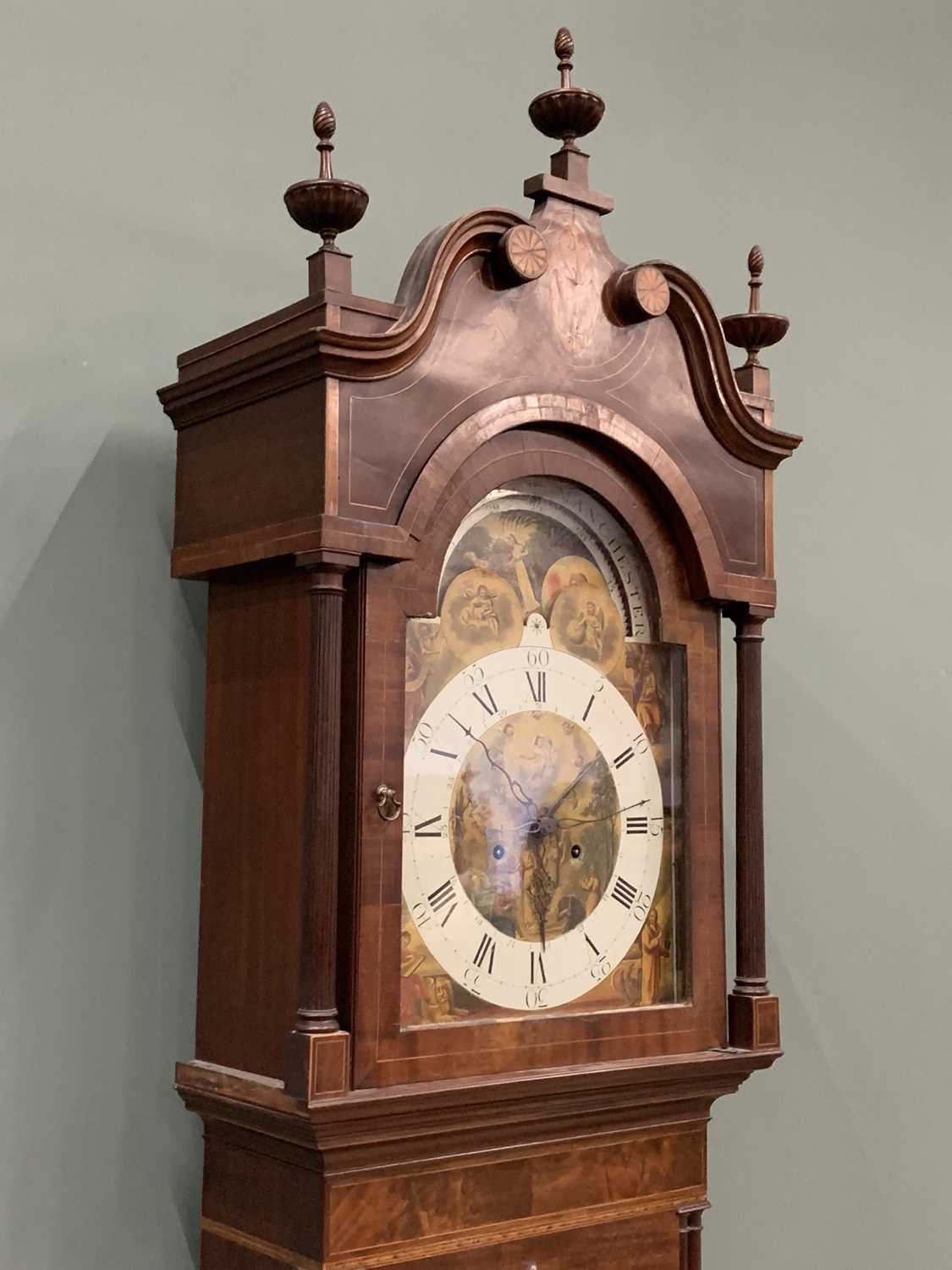 JOHN HEALY OF MANCHESTER VICTORIAN LONGCASE CLOCK inlaid mahogany, colourful arched top moon-phase - Image 3 of 10