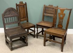 HARLEQUIN GROUP OF FOUR ANTIQUE OAK FARMHOUSE CHAIRS, 18TH Century & later, comprising an early