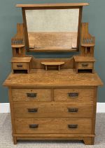 ARTS & CRAFTS OAK MIRRORED DRESSING CHEST, rectangular mirror, pierced heart and floral carved