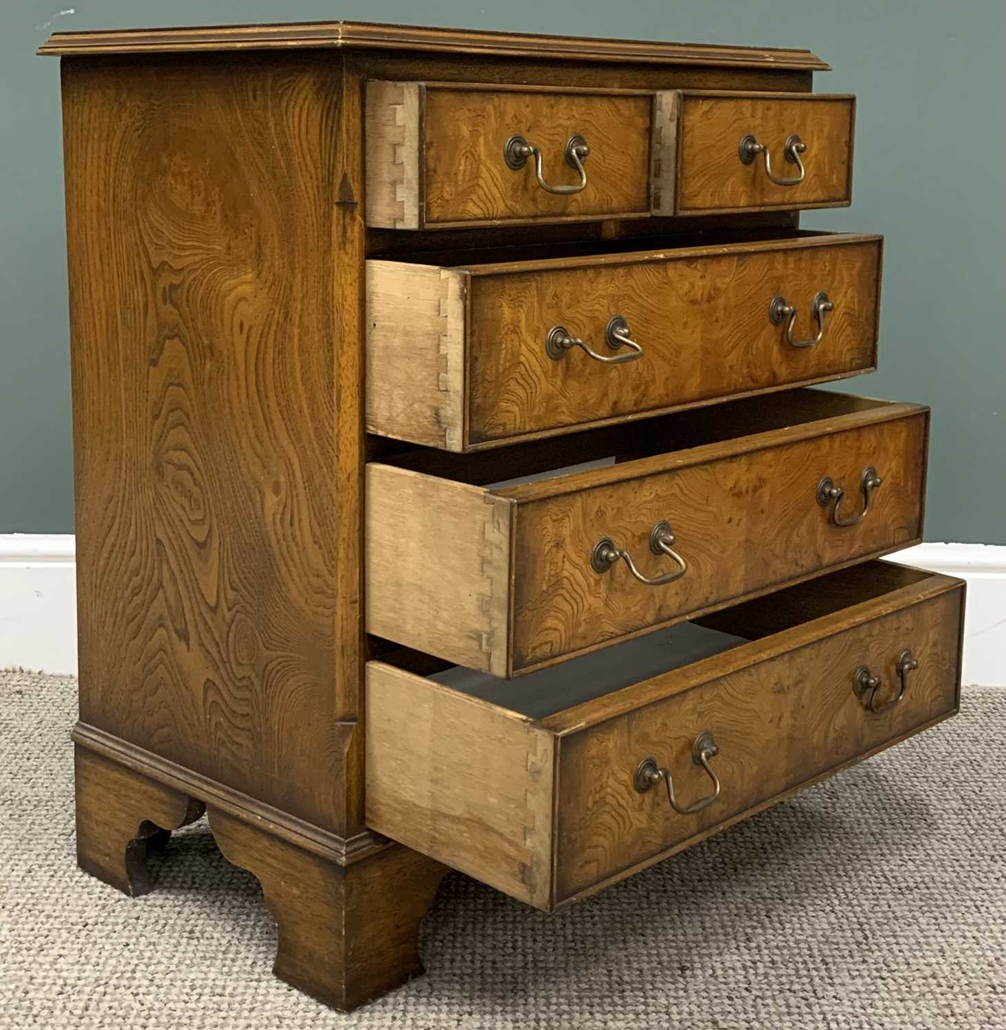 REPRODUCTION BURR WALNUT CHEST, neat proportions, two short, three long drawers, circular brass - Image 3 of 5