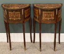 PAIR OF REPRODUCTION ITALIAN INLAID DEMI-LUNE SIDE TABLES three front bow-front drawers, gilt