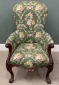 VICTORIAN CARVED MAHOGANY SPOONBACK ARMCHAIR green and floral upholstery, knurled arm ends, leaf-