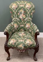 VICTORIAN CARVED MAHOGANY SPOONBACK ARMCHAIR green and floral upholstery, knurled arm ends, leaf-