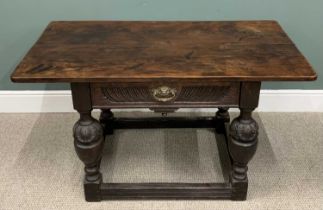 JACOBEAN STYLE OAK LIBRARY TABLE circa 1870, 1-inch thick two plank top with chip-carved detail to