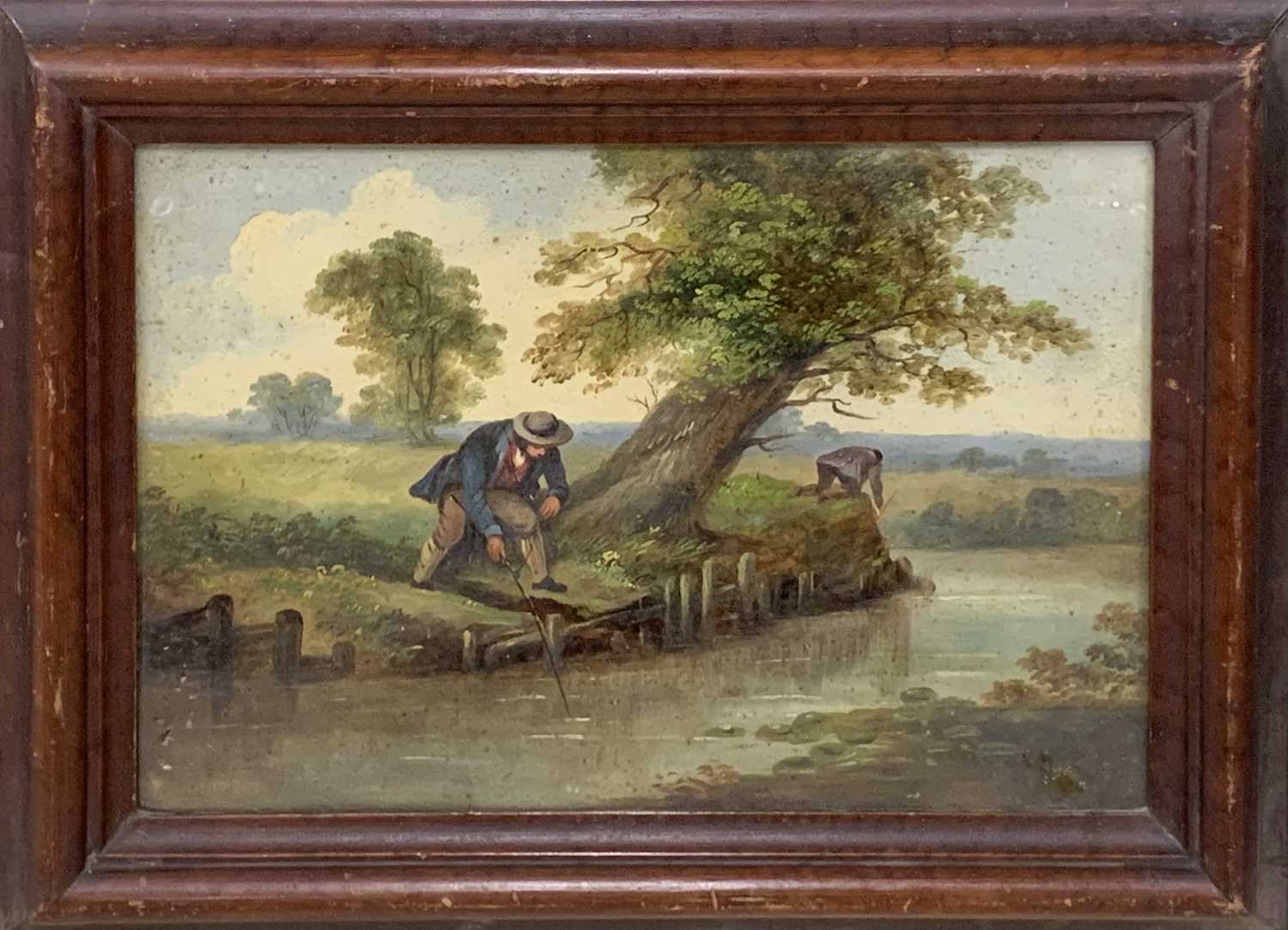 19TH CENTURY PRIMITIVE SCHOOL oil on board - men fishing, unsigned, 20 x 29cms Provenance: private - Image 2 of 3