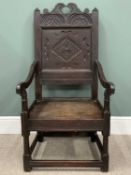 CARVED OAK ARMCHAIR circa 1800, peg joined construction, carved crestrail, diamond detail central