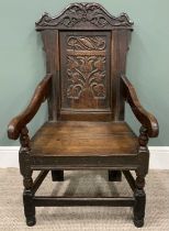 ANTIQUE OAK WAINSCOTT ARMCHAIR, Circa 1760, peg joined construction, shaped crest rail with