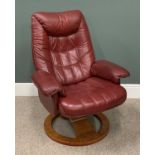 STRESSLESS TYPE RED LEATHER EASY CHAIR, recline and swivel action on a circular base, 103 (H) x